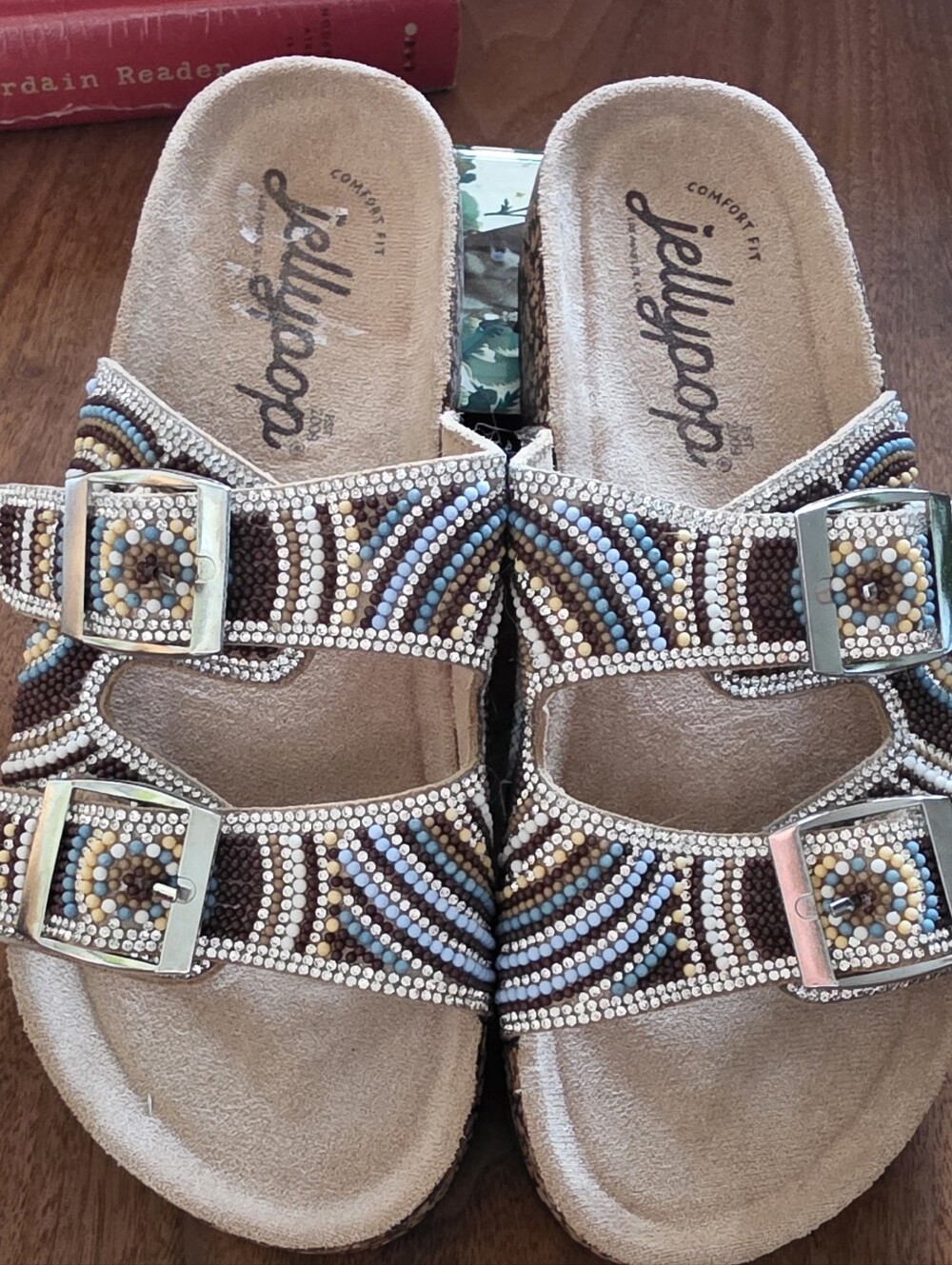 Jellypop Beaded Double-Buckle Sandals, Sz 7
